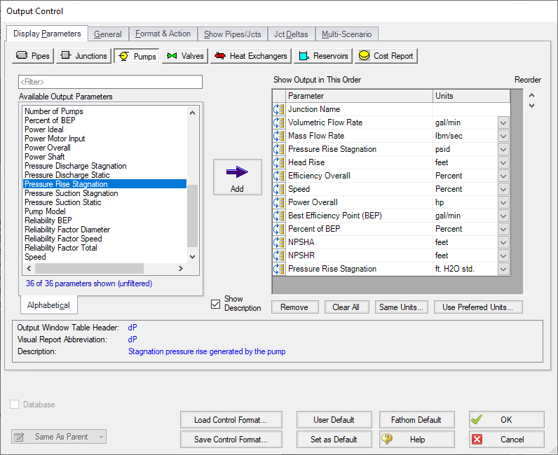 The Pumps section of the Output Control window.